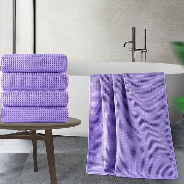 Oversized Microfiber Quick-Dry Bath Towels - 4-Pack Lint-Free Waffle Weave Towels, 60x30 Inches, Lightweight & Super Absorbent (Purple)