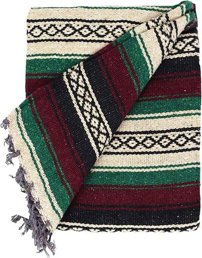 Premium Thick Mexican Blanket – Handwoven Red & Green Serape | Authentic Yoga, Beach, Picnic & Decorative Throw