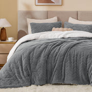 Fluffy Queen Comforter Set - Super Soft Grey Sherpa 3-Piece Luxury Warm Bedding | Fuzzy, Cozy Bed Set with Plush Comforter & Pillowcases